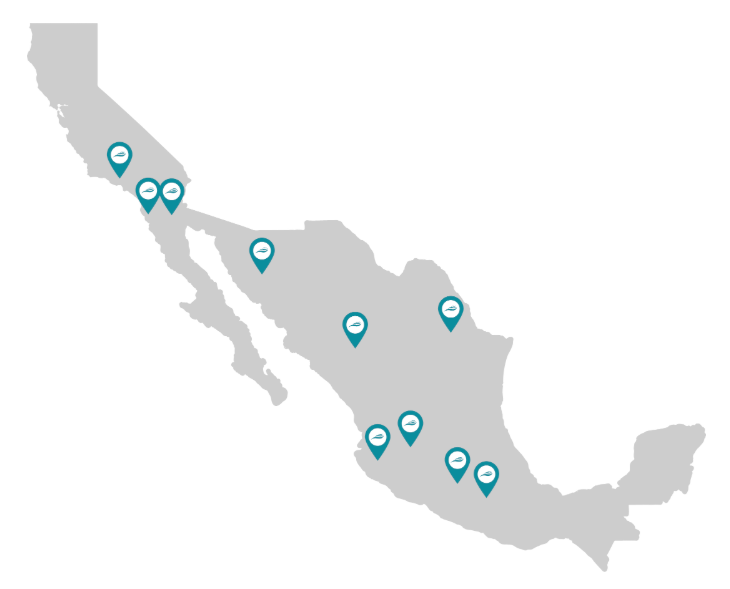 Mapa con la ubicación de las 9 sucursales de Maqpower: 8 en México (Durango, Mexicali, Hermosillo, Toluca, Tijuana, Puebla, Guadalajara, León y Monterrey) y 1 en Los Ángeles, EE.UU.