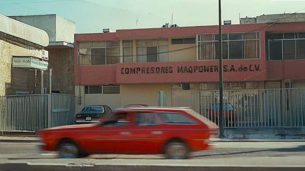 Fachada antigua de Compresores Maqpower S.A. de C.V. con un coche rojo pasando rápidamente en frente.