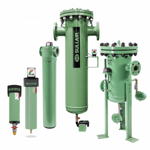 Filtros y eliminadores de niebla Sullair para sistemas de aire comprimido.