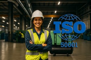 Ingeniera Sonriente frente a un Compresor Sullair Shoptek a un lado del logo ISO 50001
